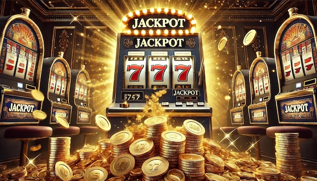 Luxurious Casino Scene with Jackpot Slot Machine and Gold Coins