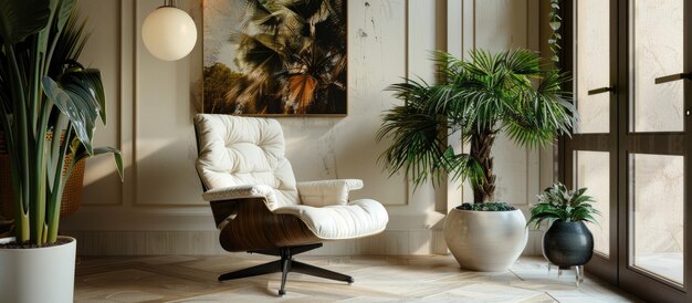 Luxurious chair in a large apartment with indoor plants and artwork on a neutral wall