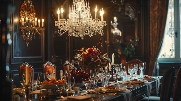 Photo luxurious chandelier hanging over a beautifully set dining table copy space