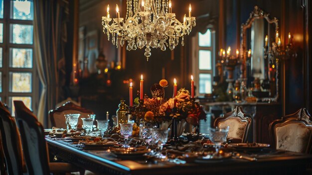 Photo luxurious chandelier hanging over a beautifully set dining table copy space