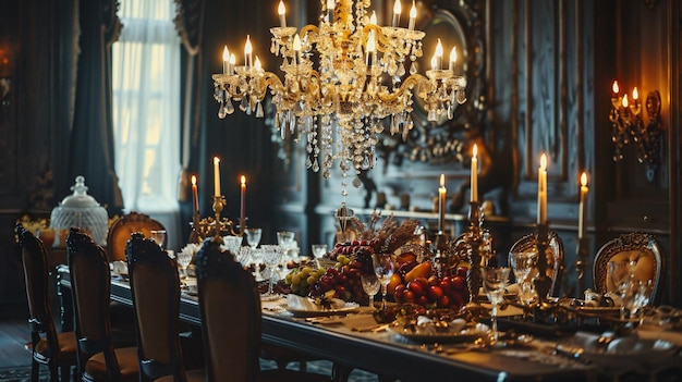 Photo luxurious chandelier hanging over a beautifully set dining table copy space