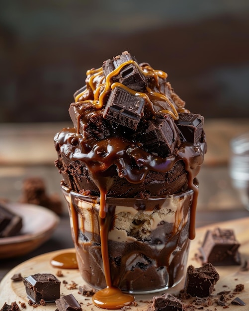 A luxurious chocolate dessert layered with caramel sauce cookies and chocolate pieces served in a tall glass