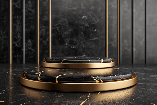 Photo luxurious circular platforms with gold trim and black marble opulent and stylish