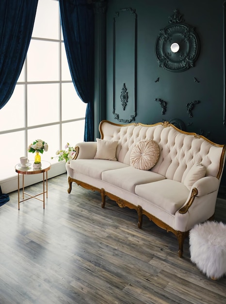 Luxurious classic antique white sofa in a modern interior