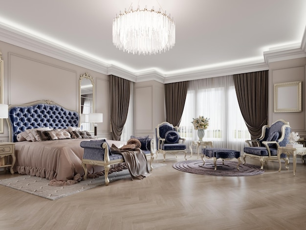 Luxurious classic bedroom with borocco furniture in a light interior with beige walls with dark blue furniture and golden furniture trim 3D rendering