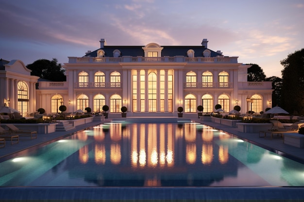 Photo luxurious classical mansion with pool at dusk