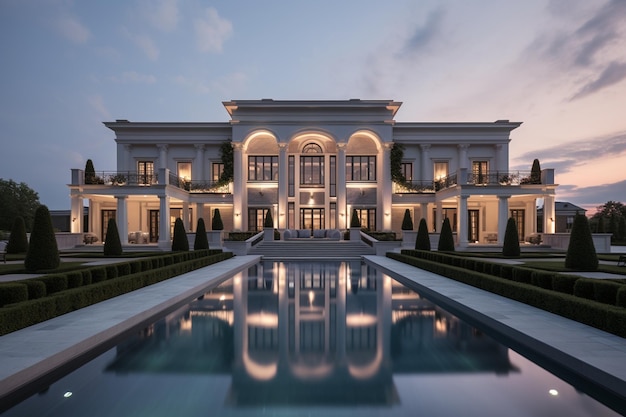 Photo luxurious classical mansion with pool at dusk