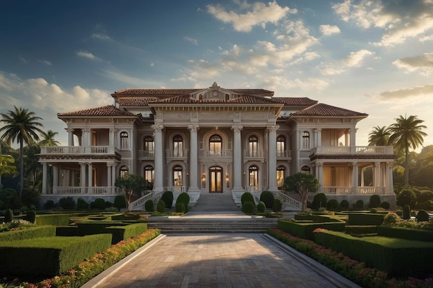 Luxurious Classical Mansion with Pool at Dusk