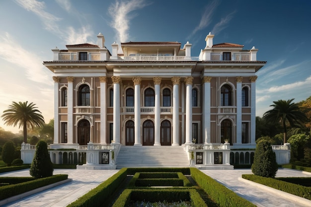 Luxurious Classical Mansion with Pool at Dusk