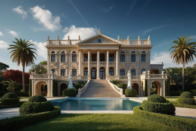 Luxurious Classical Mansion with Pool at Dusk