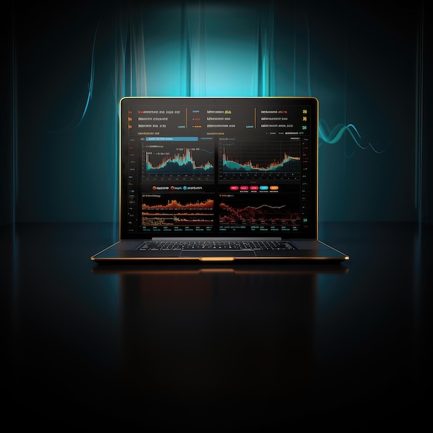 The Luxurious Couture of Investing Frontal Laptop Screen with Vibrant Orange and Blue Graph on a Bl