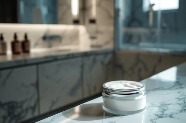 Luxurious Cream Jar Adorning Elegant Marble Countertop Alongside Stylish Bat