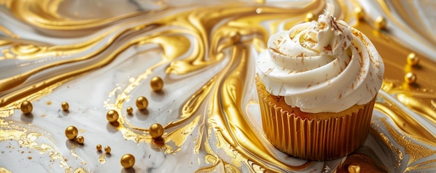 Photo luxurious cupcake with swirling gold and white frosting golden beads and marble background