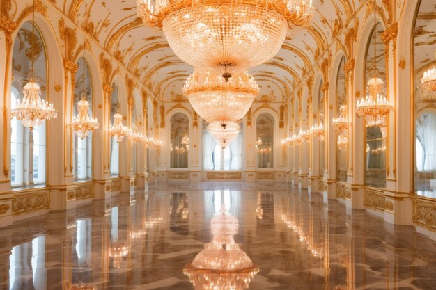 Photo luxurious dance hall sparkling chandeliers and marble floors