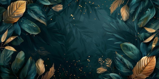 Luxurious dark green background with gold accents and leaves copy space for elegant design