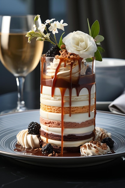 Photo a luxurious dessert with layers of chocolate and cream drizzled with caramel and garnished with fresh blackberries white flowers and a white rose