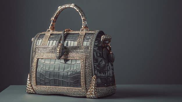 A luxurious diamondencrusted handbag with a crocodile skin finish