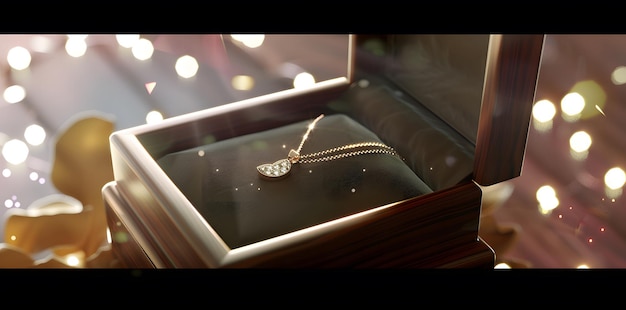 Luxurious DiamondStudded Pendant Necklace in Glossy Brown Jewelry Box