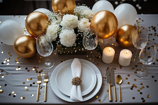 A Luxurious Dining Experience A Table Set with Opulent Gold and Elegant White Decorations