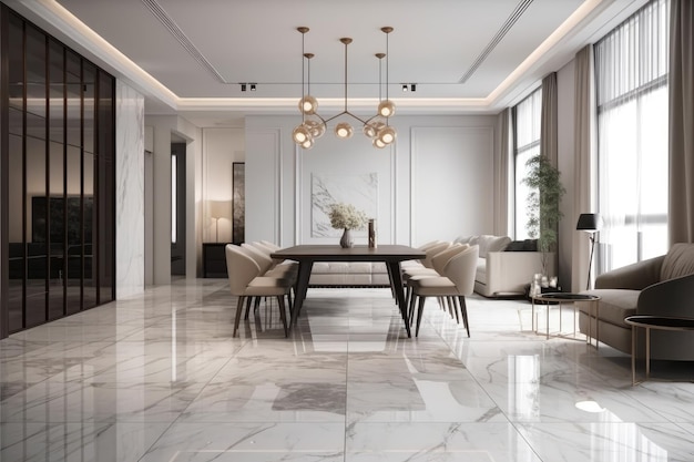 Luxurious Dining Room with Elegant Marble Flooring and Walls Generative AI