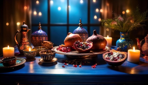 Luxurious Display of Golden Ornate Vessels with Grapes Oranges and Pomegranates on a Decorative Ta