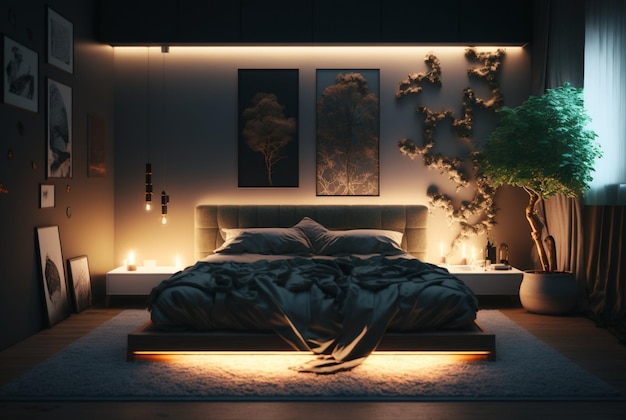 A luxurious domestic room illuminated at night with intricate furniture and architecture showcasing wealth and comfort generative ai