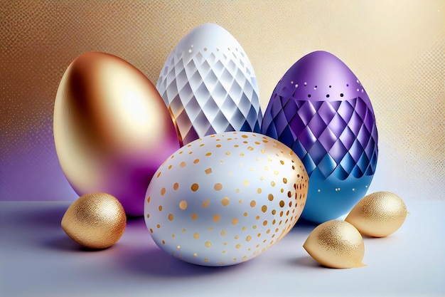 Luxurious Easter background in white blue golden and purple tones soft light Generative ai