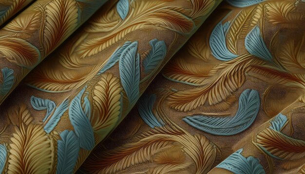 Photo luxurious and elegant blue and gold fabric with embossed feather pattern featuring a shiny finish