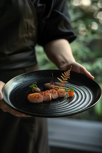 Photo luxurious elegant dish plated on sleek black dinnerware showcasing a culinary masterpiece created