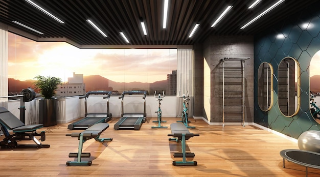 Luxurious fitness center with weight training, running, yoga and meditation equipment