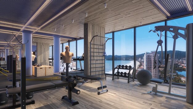 Luxurious fitness center with weight training, running, yoga and meditation equipment