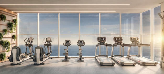 Luxurious fitness center with weight training, running, yoga and meditation equipment