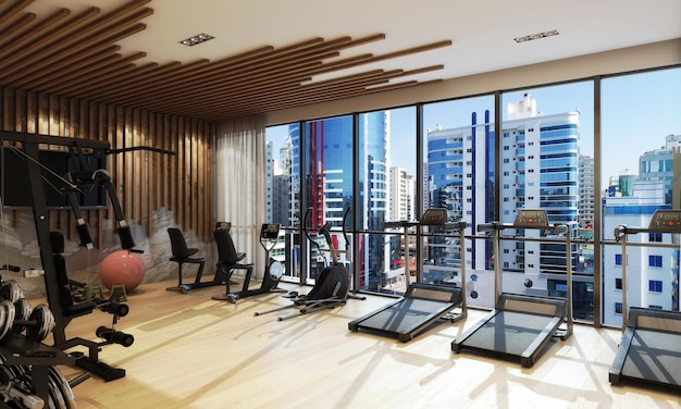 Luxurious fitness center with weight training, running, yoga and meditation equipment