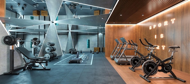 Luxurious fitness center with weight training, running, yoga and meditation equipment