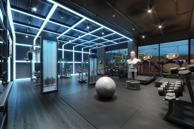 Luxurious fitness center with weight training, running, yoga and meditation equipment