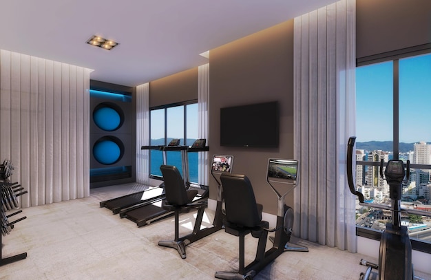 Luxurious fitness center with weight training, running, yoga and meditation equipment