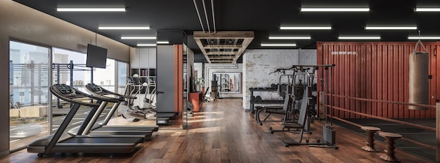 Luxurious fitness center with weight training, running, yoga and meditation equipment