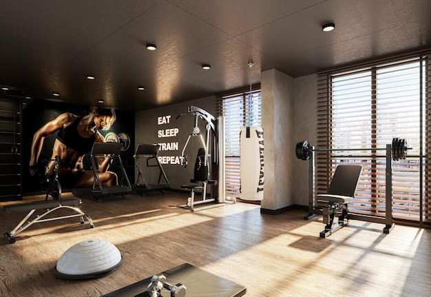 Luxurious fitness center with weight training, running, yoga and meditation equipment