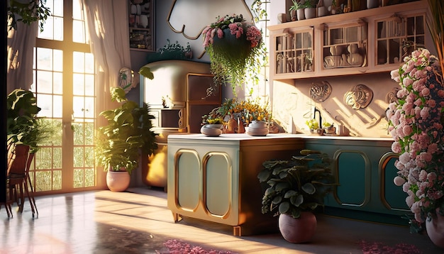 Luxurious furniture and modern interior design of the kitchen illustration generative ai