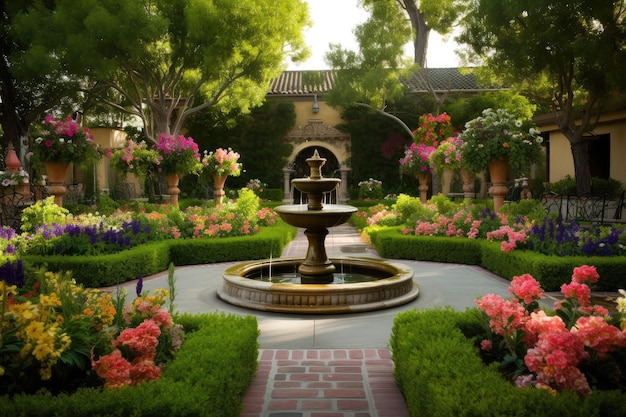 Luxurious garden filled with colorful flowers fountains and sculptures