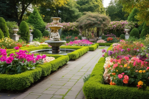 Luxurious garden filled with colorful flowers fountains and sculptures