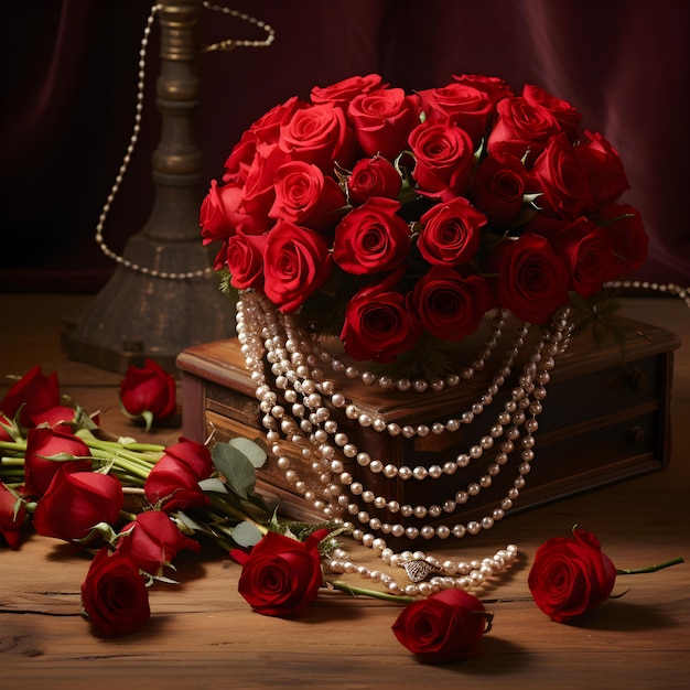 Luxurious gift necklace and red roses bouquet