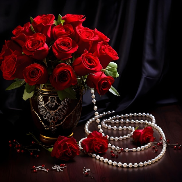 Luxurious gift necklace and red roses bouquet