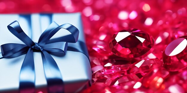 Photo a luxurious gift surrounded by a pile of sparkling rubies