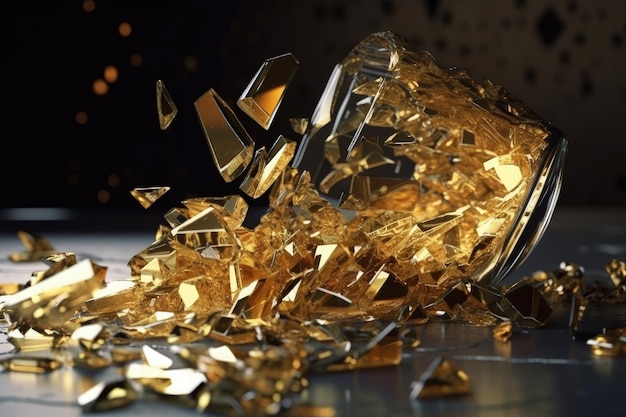 Luxurious glass filled with gold foil on a wooden table Generative AI