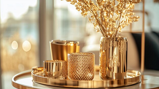 Luxurious Gold Accessories for Interior Design on Table in Room