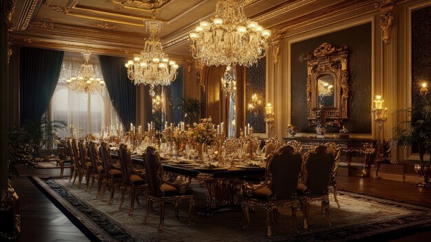 Photo a luxurious gold and black dining room interior