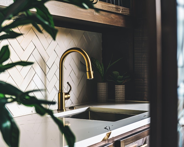 Luxurious gold faucet in modern kitchen with white tile backsplash interior design inspiration