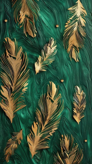 Luxurious gold feathers on emerald green marble background AI