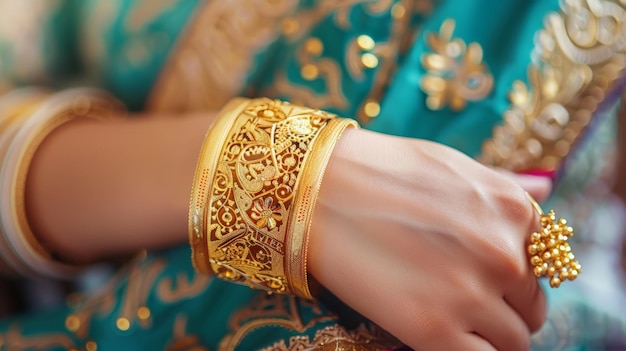 Luxurious Gold Jewelry on a Womans Beautifully Adorned Hands